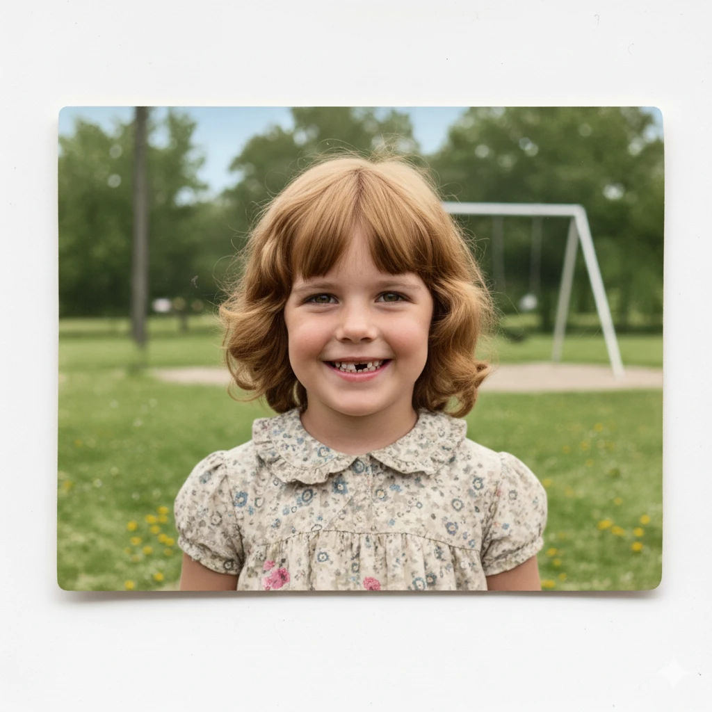 Beautifully restored and colorized vintage child portrait with natural skin tones and vibrant playground background