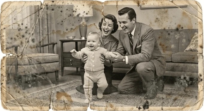 1940s family portrait with baby showing severe mold damage and tears before restoration