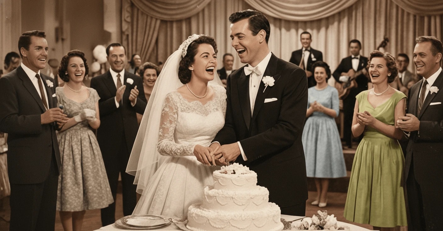 Beautifully restored 1950s wedding photograph showing couple cutting cake with vibrant colors and repaired damage