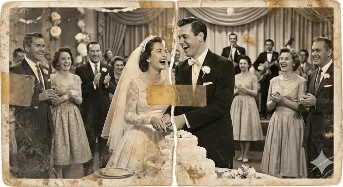 1950s vintage wedding photograph of couple cutting cake with water stains and tears before restoration