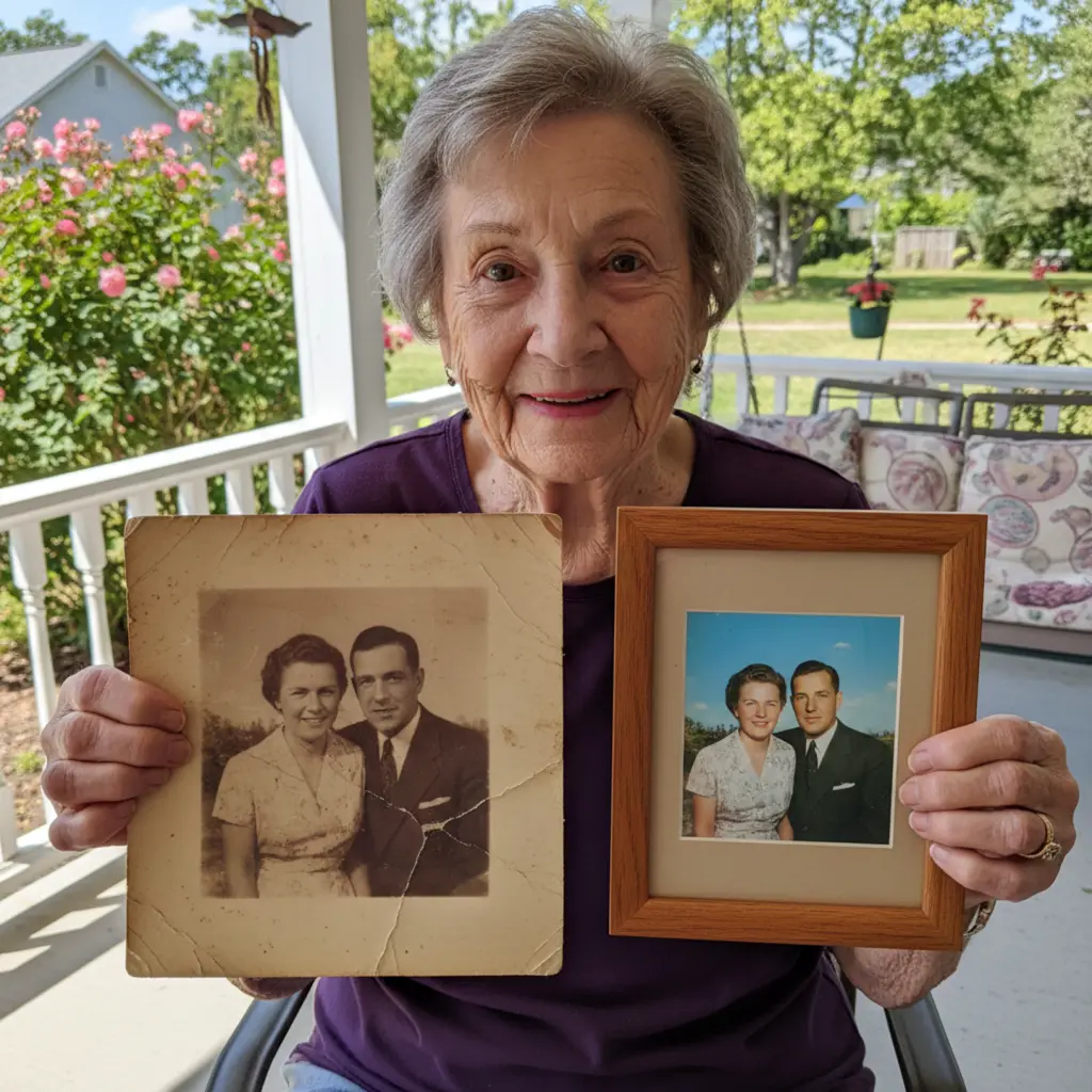 Elderly woman holding damaged old photo and beautifully restored colorized version - professional photo restoration before and after example